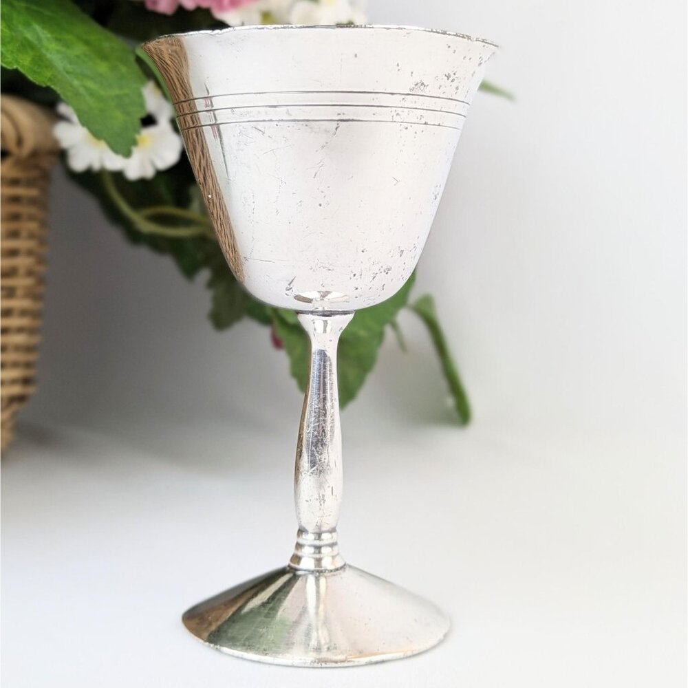 Vintage Distressed Silver Wine Goblet Rustic Aged Silver-Plated Water Goblet